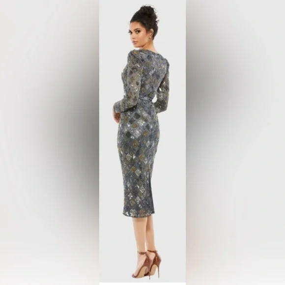 NWT Mac Duggal 5472 Long Sleeve Geometric Sequin Midi Dress sz 6 Charcoal/Gray